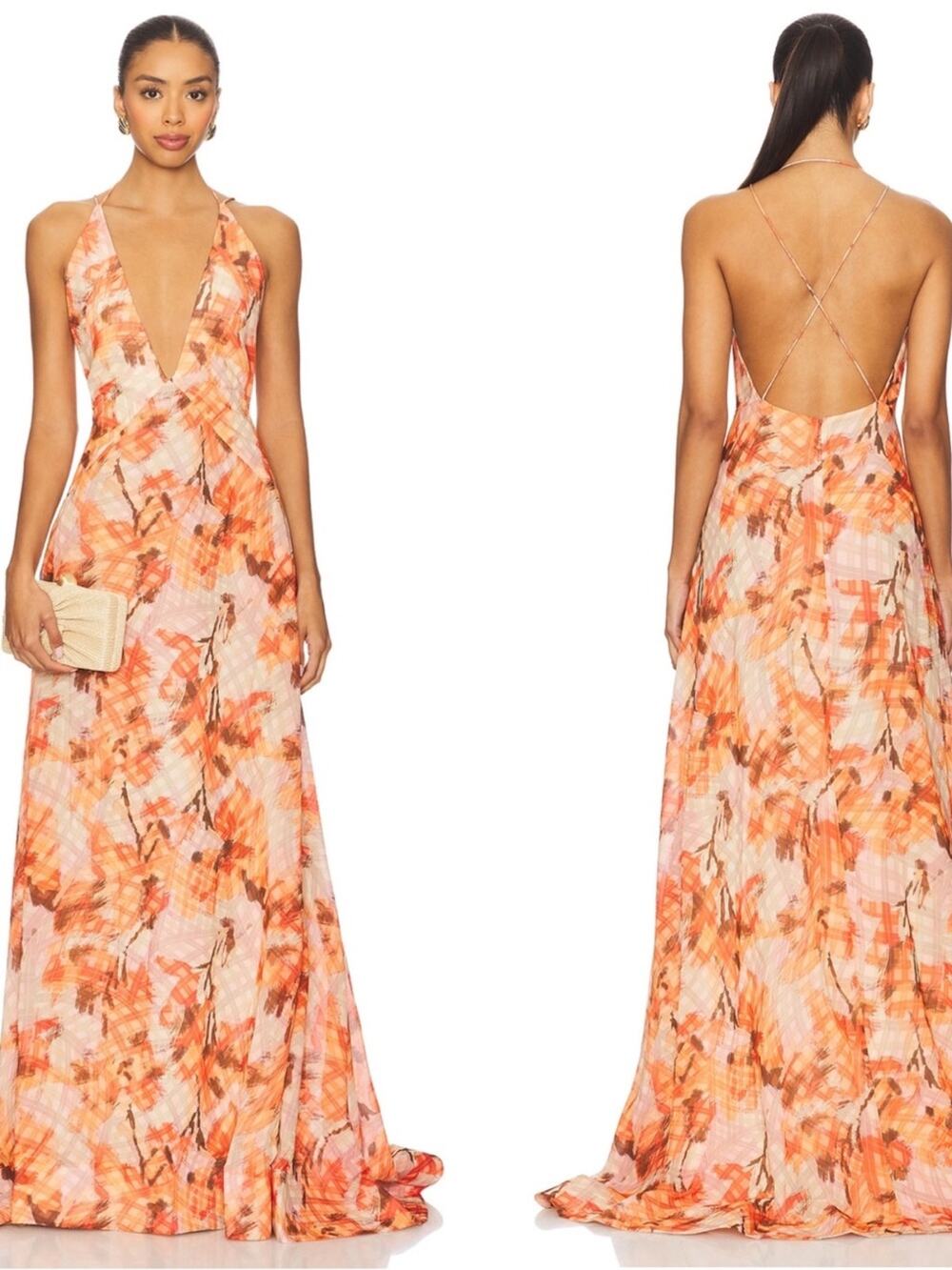 SAU LEE Calista Floral Plunging V Neckline Orange Maxi Dress Size 2